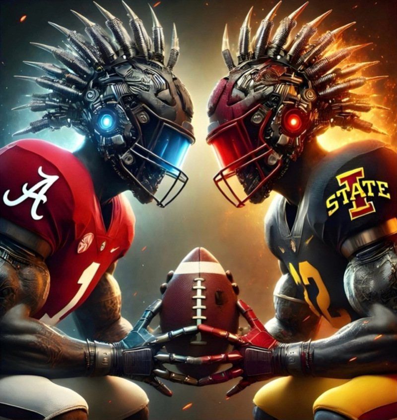 Futuristic Alabama vs Iowa State football helmet clash